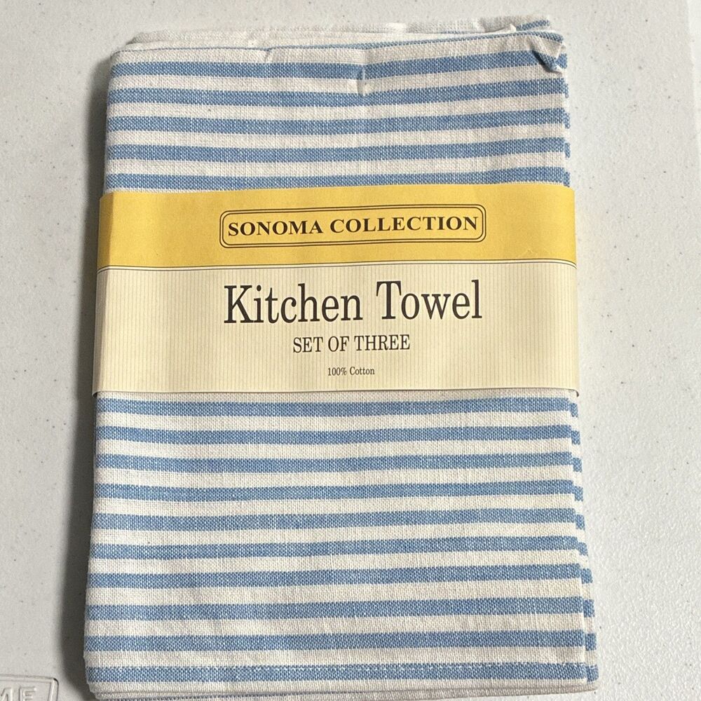 Sonoma Collection Kitchen & Tea Towels Set of 3 Blue/White Stripe 100% Cotton
